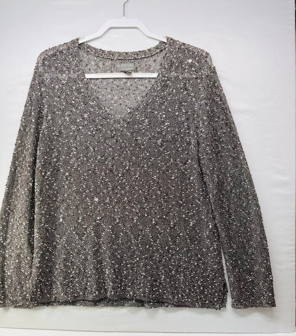 Chico’s Women’s Metallic V-Neck Sweater Shimmer Knit Pullover Dressy Top
